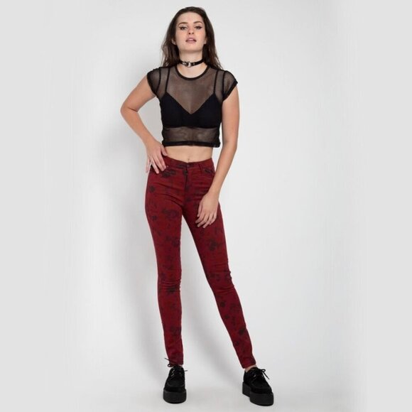 Tripp NYC Wine Red Skinny Jeans – High Waist | Black Floral | 26 | Stretch Twill - Picture 1 of 5